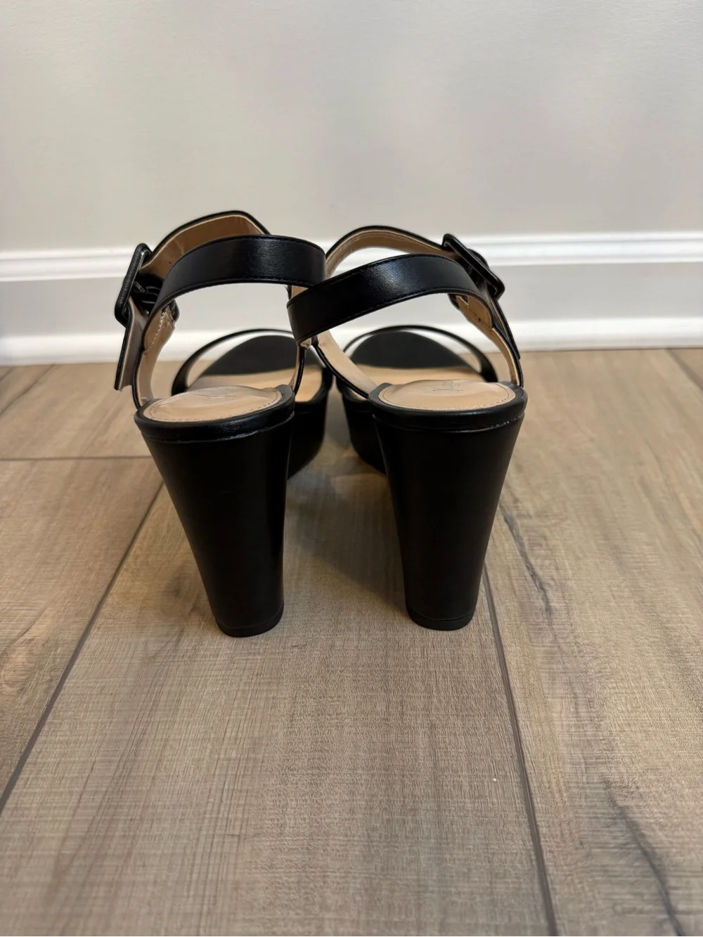 Xappeal Black Leather-Look Wedge Sandals with Buckle